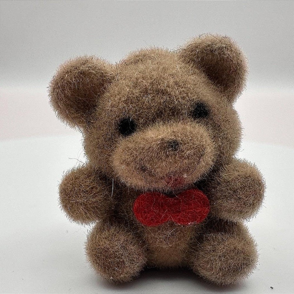 Vintage 80s Pin Brooch Bear Figurine Fuzzy Brown Teddy Bear Red Bow Tie Jewelry